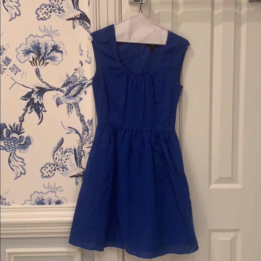 Blue scoop neck linen dress. J Crew